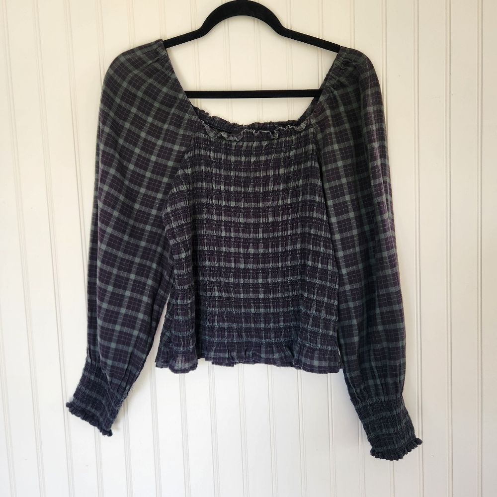 MADEWELL Green Blue Plaid Smocked Long Sleeve Wide Neck Blouse Top Small